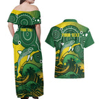 Personalised Australia Swimming Couples Matching Off Shoulder Maxi Dress and Hawaiian Shirt Aussie Dolphin Aboriginal National Color