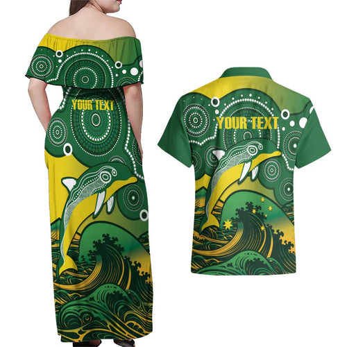 Personalised Australia Swimming Couples Matching Off Shoulder Maxi Dress and Hawaiian Shirt Aussie Dolphin Aboriginal National Color