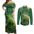 Personalised Australia Swimming Couples Matching Off Shoulder Maxi Dress and Long Sleeve Button Shirt Aussie Dolphin Aboriginal National Color