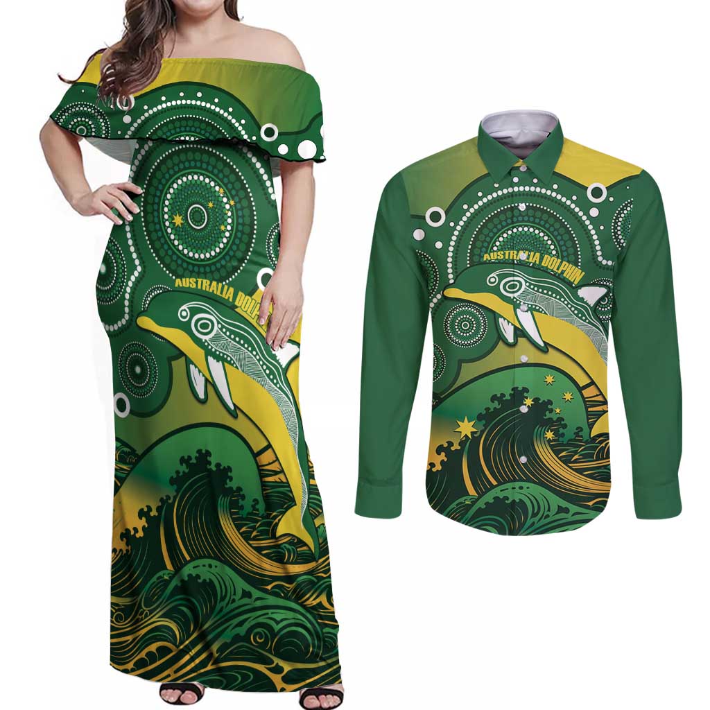 Personalised Australia Swimming Couples Matching Off Shoulder Maxi Dress and Long Sleeve Button Shirt Aussie Dolphin Aboriginal National Color