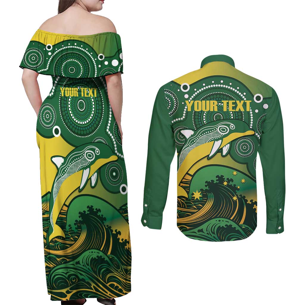 Personalised Australia Swimming Couples Matching Off Shoulder Maxi Dress and Long Sleeve Button Shirt Aussie Dolphin Aboriginal National Color