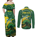 Personalised Australia Swimming Couples Matching Off Shoulder Maxi Dress and Long Sleeve Button Shirt Aussie Dolphin Aboriginal National Color