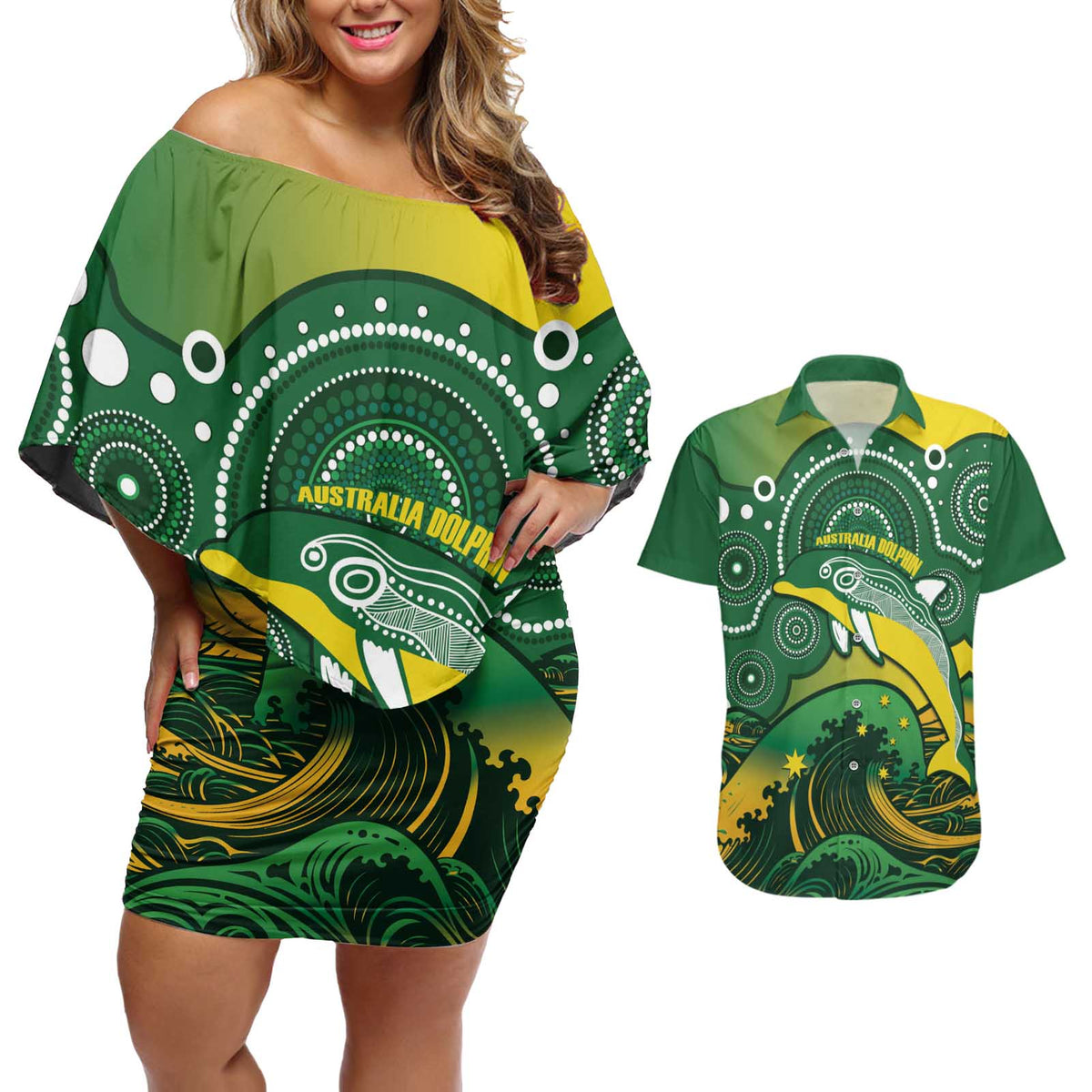 Personalised Australia Swimming Couples Matching Off Shoulder Short Dress and Hawaiian Shirt Aussie Dolphin Aboriginal National Color