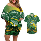 Personalised Australia Swimming Couples Matching Off Shoulder Short Dress and Hawaiian Shirt Aussie Dolphin Aboriginal National Color