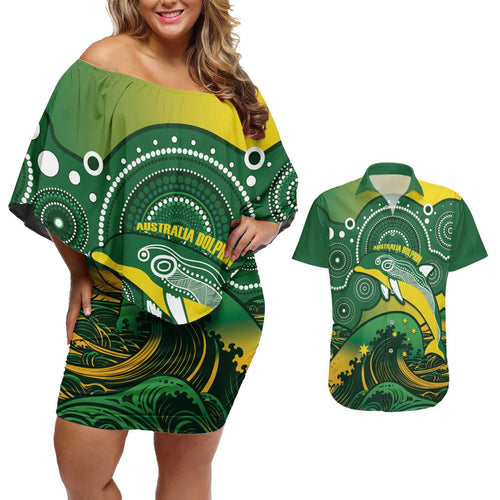 Personalised Australia Swimming Couples Matching Off Shoulder Short Dress and Hawaiian Shirt Aussie Dolphin Aboriginal National Color