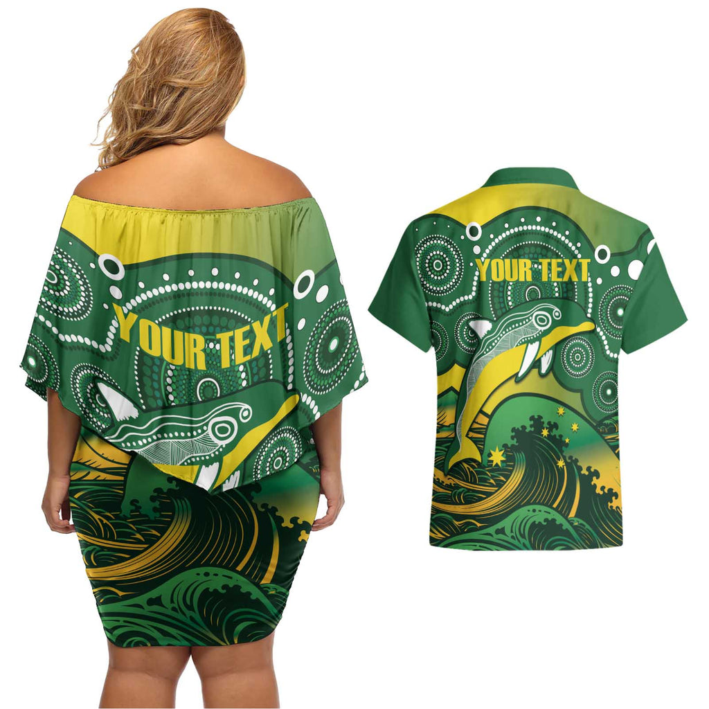 Personalised Australia Swimming Couples Matching Off Shoulder Short Dress and Hawaiian Shirt Aussie Dolphin Aboriginal National Color