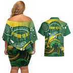 Personalised Australia Swimming Couples Matching Off Shoulder Short Dress and Hawaiian Shirt Aussie Dolphin Aboriginal National Color