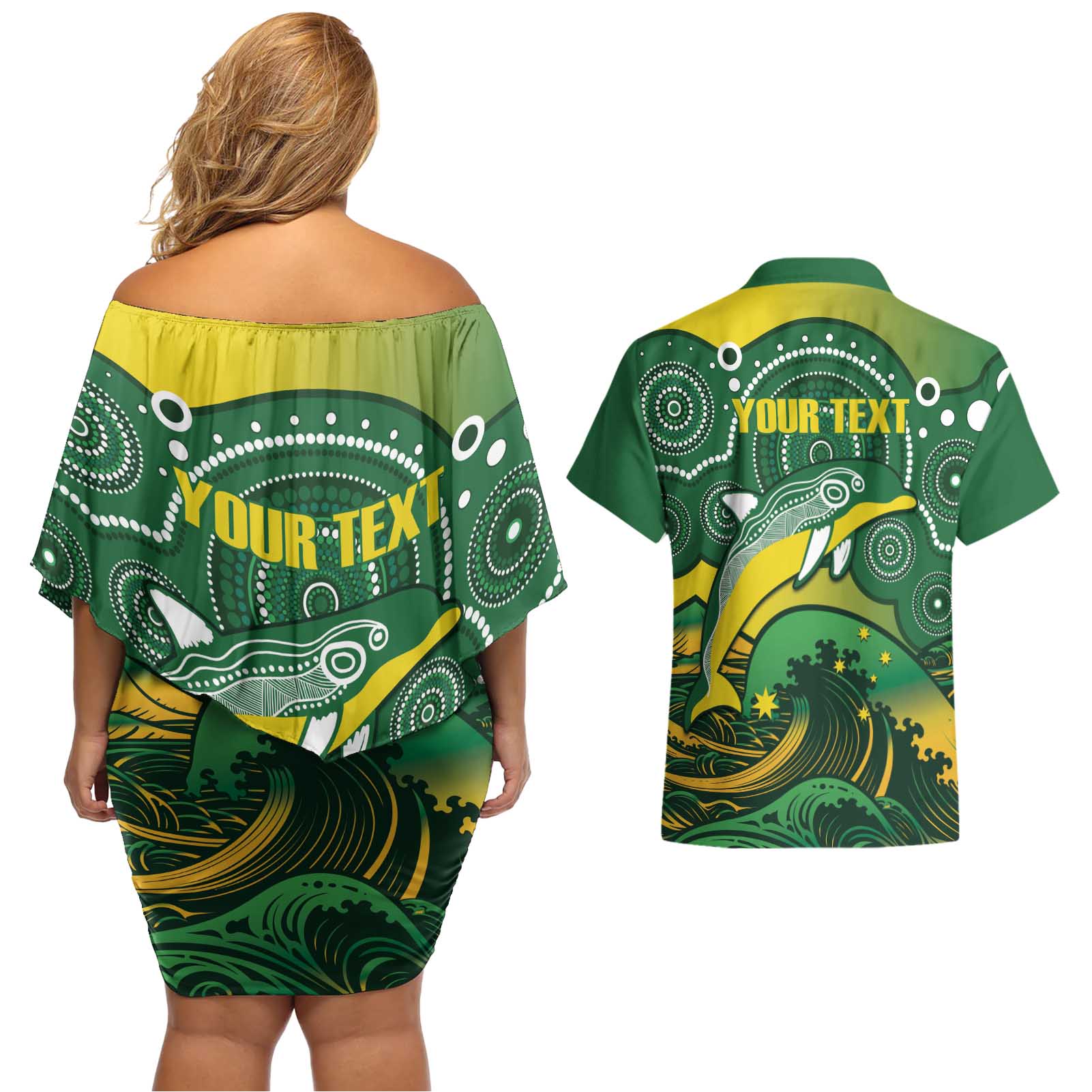 Personalised Australia Swimming Couples Matching Off Shoulder Short Dress and Hawaiian Shirt Aussie Dolphin Aboriginal National Color