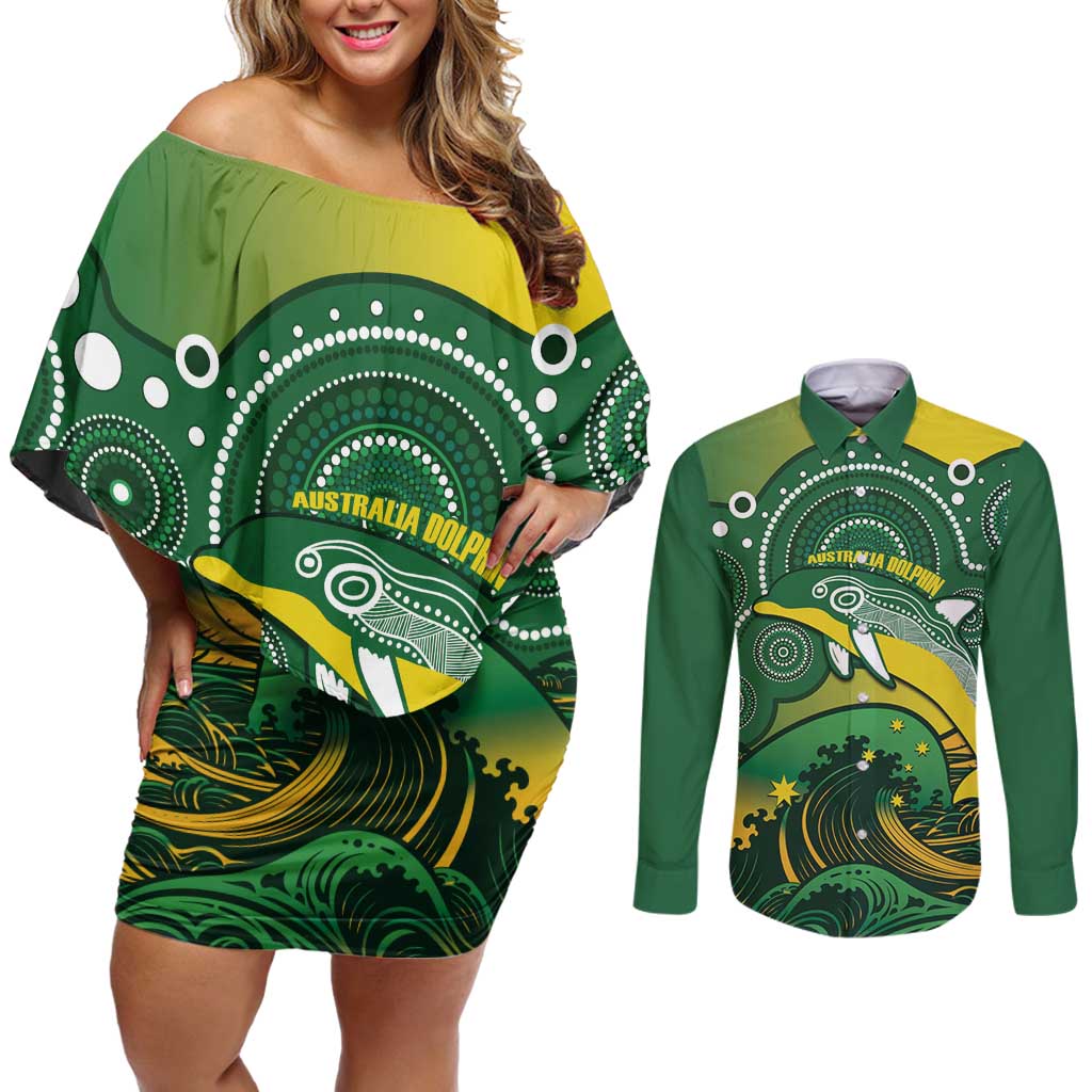 Personalised Australia Swimming Couples Matching Off Shoulder Short Dress and Long Sleeve Button Shirt Aussie Dolphin Aboriginal National Color