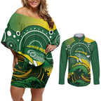 Personalised Australia Swimming Couples Matching Off Shoulder Short Dress and Long Sleeve Button Shirt Aussie Dolphin Aboriginal National Color