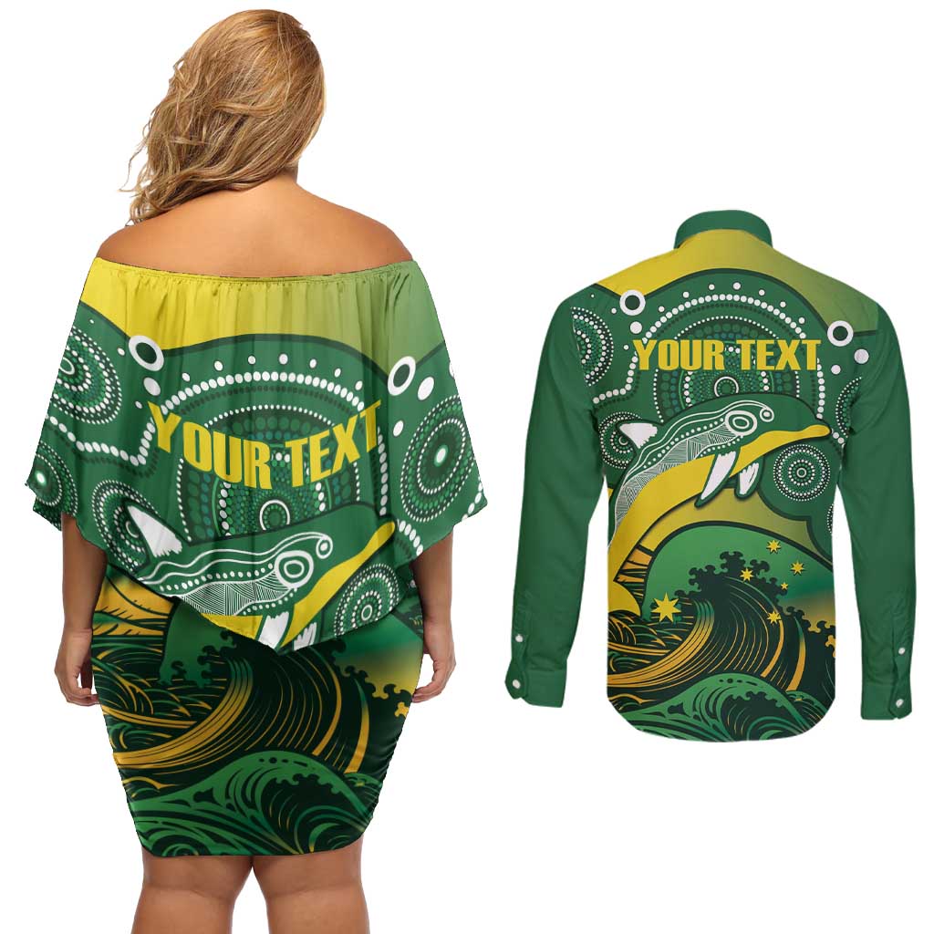 Personalised Australia Swimming Couples Matching Off Shoulder Short Dress and Long Sleeve Button Shirt Aussie Dolphin Aboriginal National Color