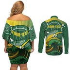 Personalised Australia Swimming Couples Matching Off Shoulder Short Dress and Long Sleeve Button Shirt Aussie Dolphin Aboriginal National Color
