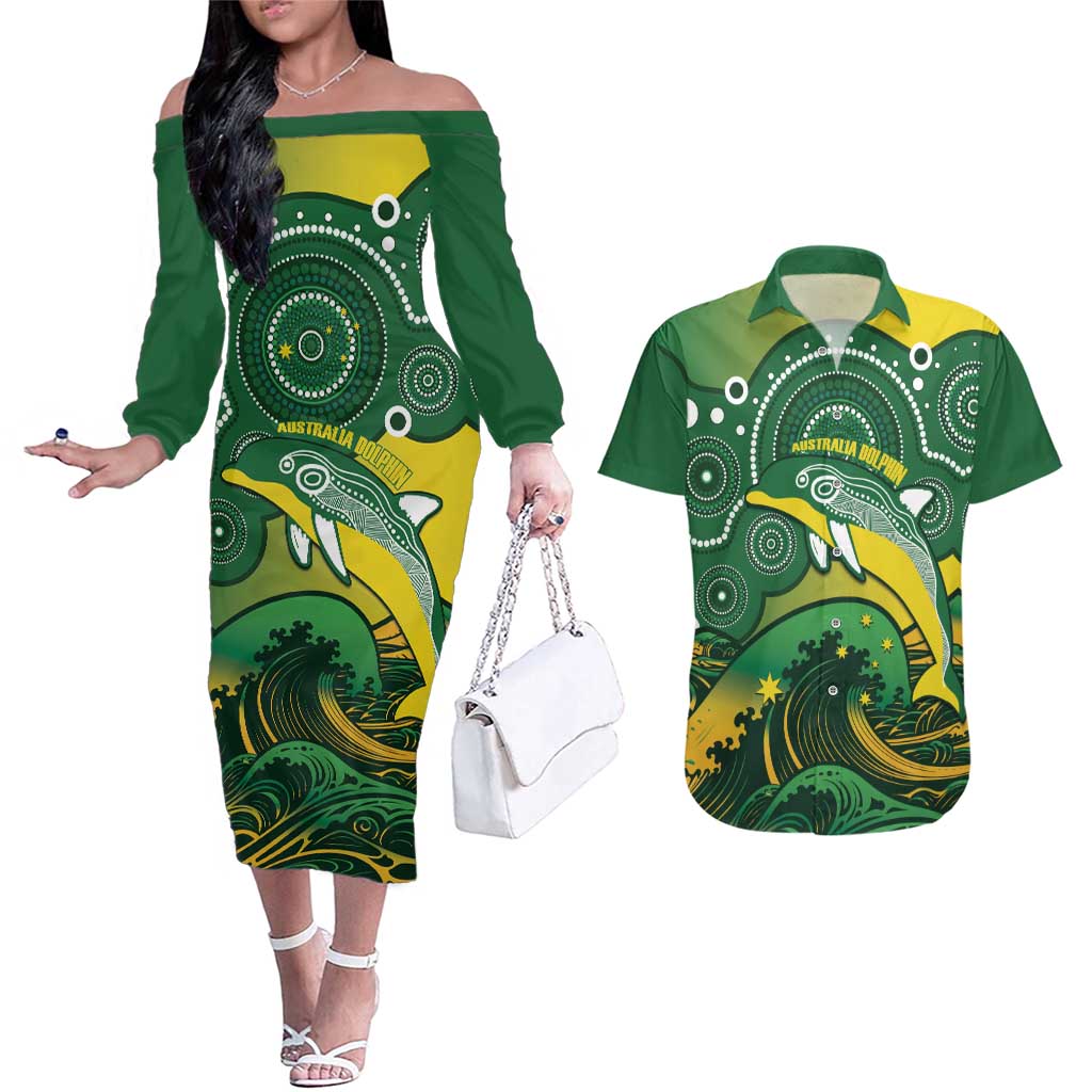 Personalised Australia Swimming Couples Matching Off The Shoulder Long Sleeve Dress and Hawaiian Shirt Aussie Dolphin Aboriginal National Color