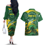 Personalised Australia Swimming Couples Matching Off The Shoulder Long Sleeve Dress and Hawaiian Shirt Aussie Dolphin Aboriginal National Color