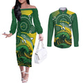 Personalised Australia Swimming Couples Matching Off The Shoulder Long Sleeve Dress and Long Sleeve Button Shirt Aussie Dolphin Aboriginal National Color