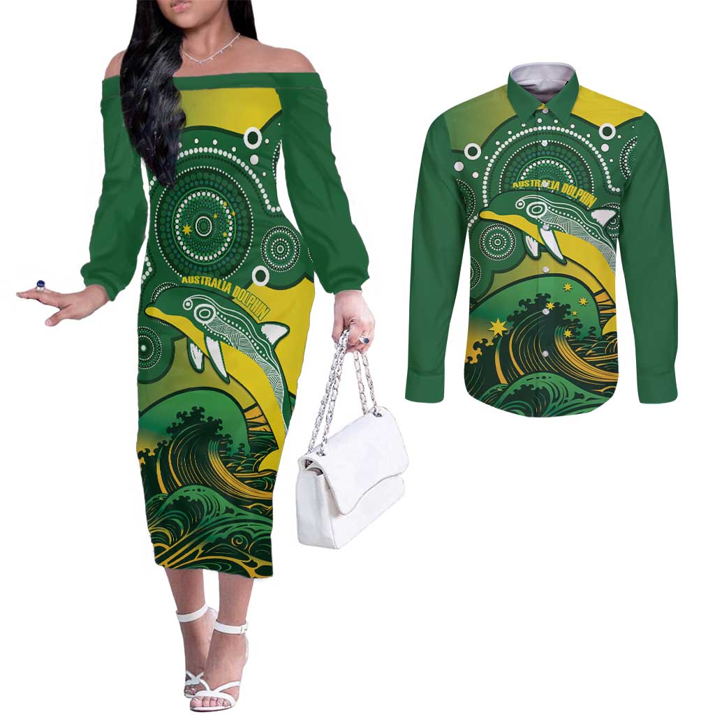 Personalised Australia Swimming Couples Matching Off The Shoulder Long Sleeve Dress and Long Sleeve Button Shirt Aussie Dolphin Aboriginal National Color