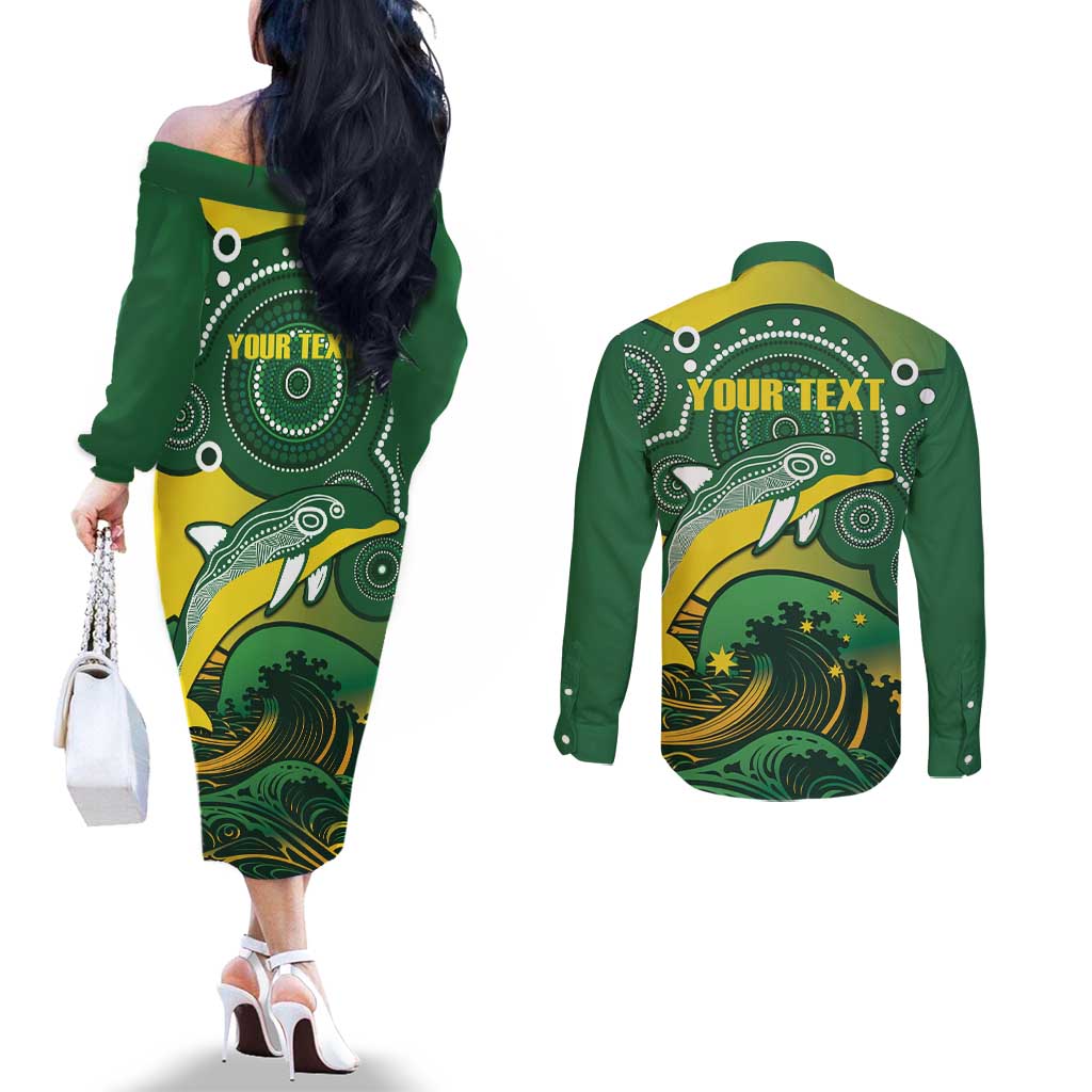 Personalised Australia Swimming Couples Matching Off The Shoulder Long Sleeve Dress and Long Sleeve Button Shirt Aussie Dolphin Aboriginal National Color