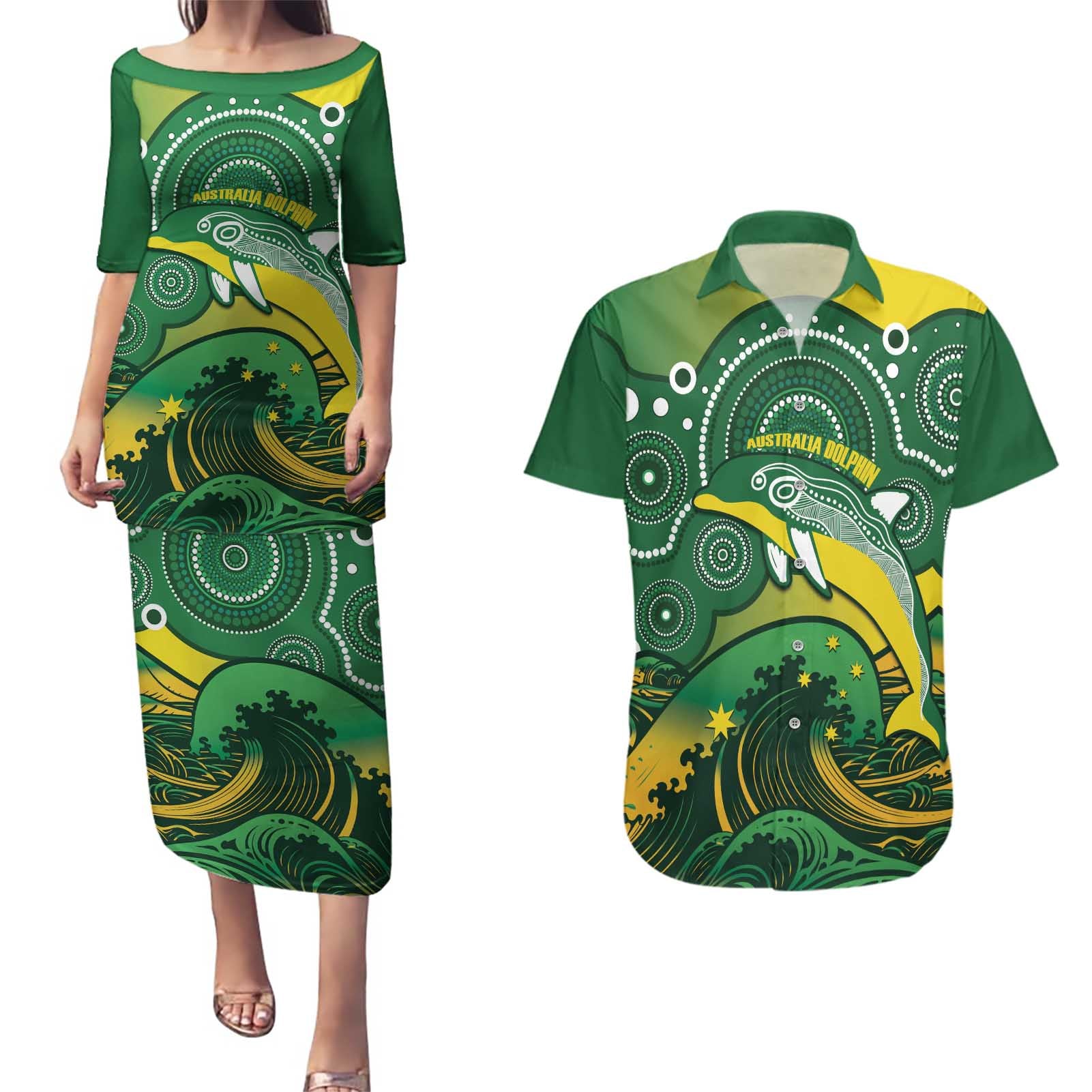 Personalised Australia Swimming Couples Matching Puletasi and Hawaiian Shirt Aussie Dolphin Aboriginal National Color