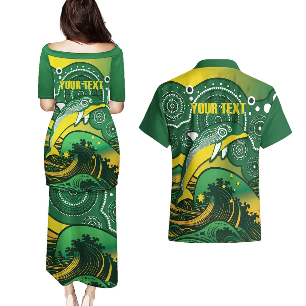Personalised Australia Swimming Couples Matching Puletasi and Hawaiian Shirt Aussie Dolphin Aboriginal National Color