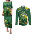 Personalised Australia Swimming Couples Matching Puletasi and Long Sleeve Button Shirt Aussie Dolphin Aboriginal National Color