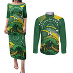 Personalised Australia Swimming Couples Matching Puletasi and Long Sleeve Button Shirt Aussie Dolphin Aboriginal National Color