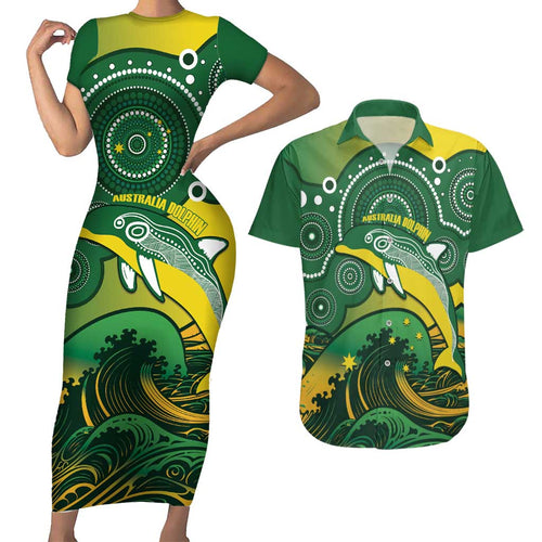Personalised Australia Swimming Couples Matching Short Sleeve Bodycon Dress and Hawaiian Shirt Aussie Dolphin Aboriginal National Color