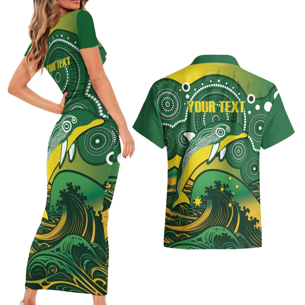 Personalised Australia Swimming Couples Matching Short Sleeve Bodycon Dress and Hawaiian Shirt Aussie Dolphin Aboriginal National Color