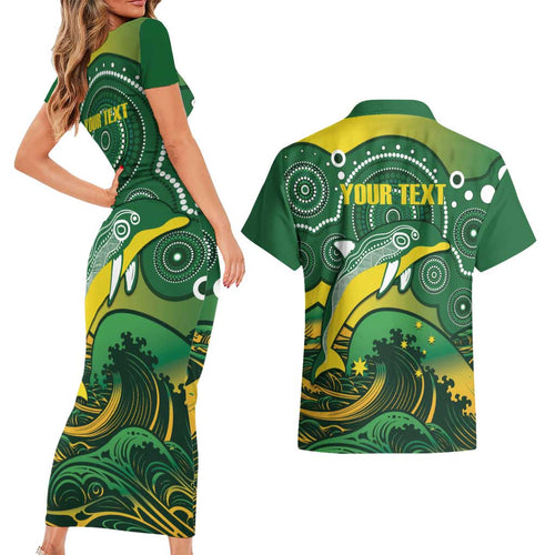 Personalised Australia Swimming Couples Matching Short Sleeve Bodycon Dress and Hawaiian Shirt Aussie Dolphin Aboriginal National Color