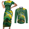 Personalised Australia Swimming Couples Matching Short Sleeve Bodycon Dress and Long Sleeve Button Shirt Aussie Dolphin Aboriginal National Color