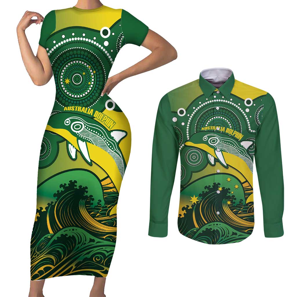 Personalised Australia Swimming Couples Matching Short Sleeve Bodycon Dress and Long Sleeve Button Shirt Aussie Dolphin Aboriginal National Color