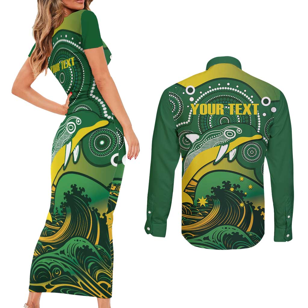 Personalised Australia Swimming Couples Matching Short Sleeve Bodycon Dress and Long Sleeve Button Shirt Aussie Dolphin Aboriginal National Color