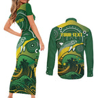 Personalised Australia Swimming Couples Matching Short Sleeve Bodycon Dress and Long Sleeve Button Shirt Aussie Dolphin Aboriginal National Color