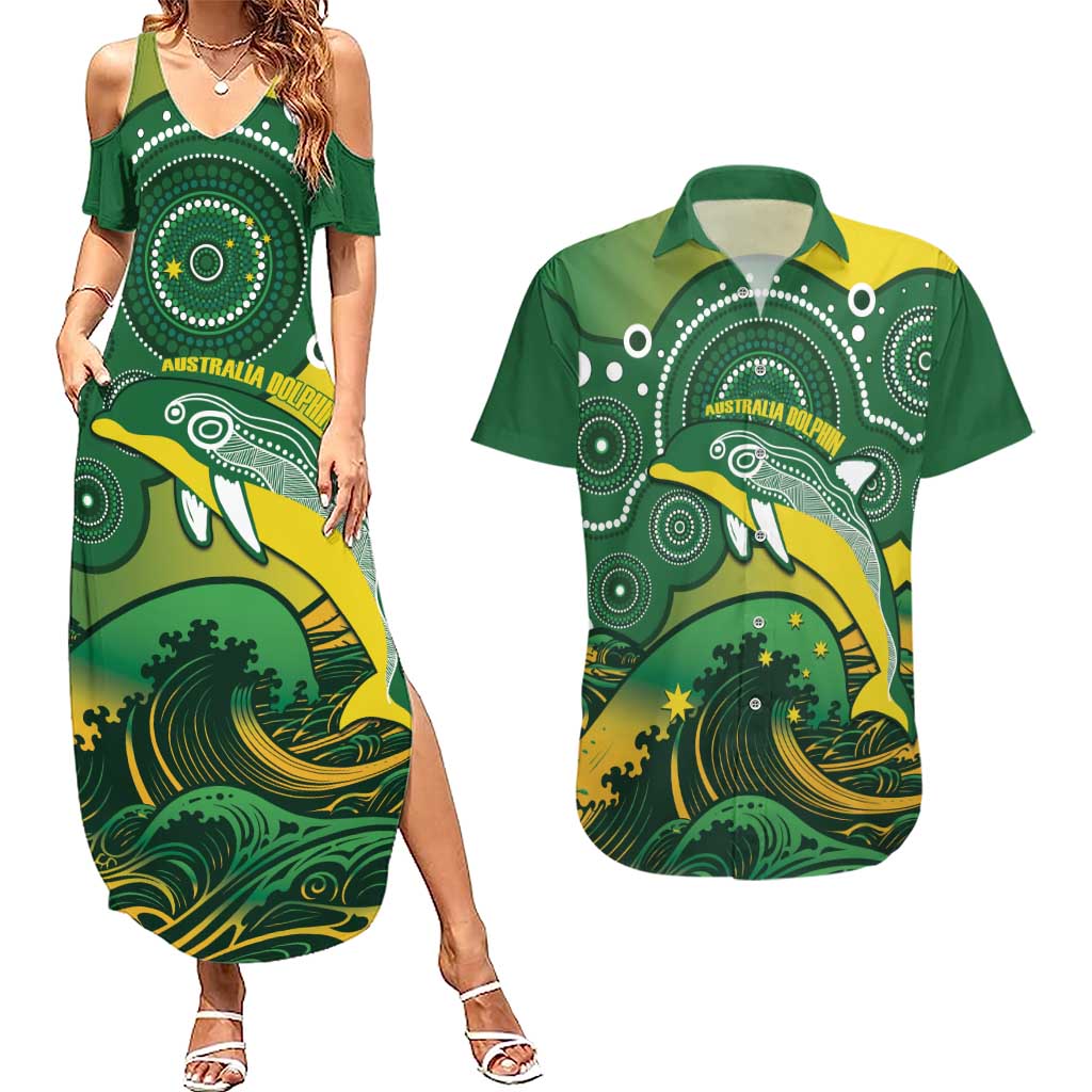 Personalised Australia Swimming Couples Matching Summer Maxi Dress and Hawaiian Shirt Aussie Dolphin Aboriginal National Color
