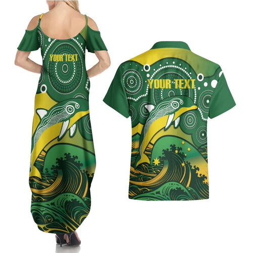 Personalised Australia Swimming Couples Matching Summer Maxi Dress and Hawaiian Shirt Aussie Dolphin Aboriginal National Color