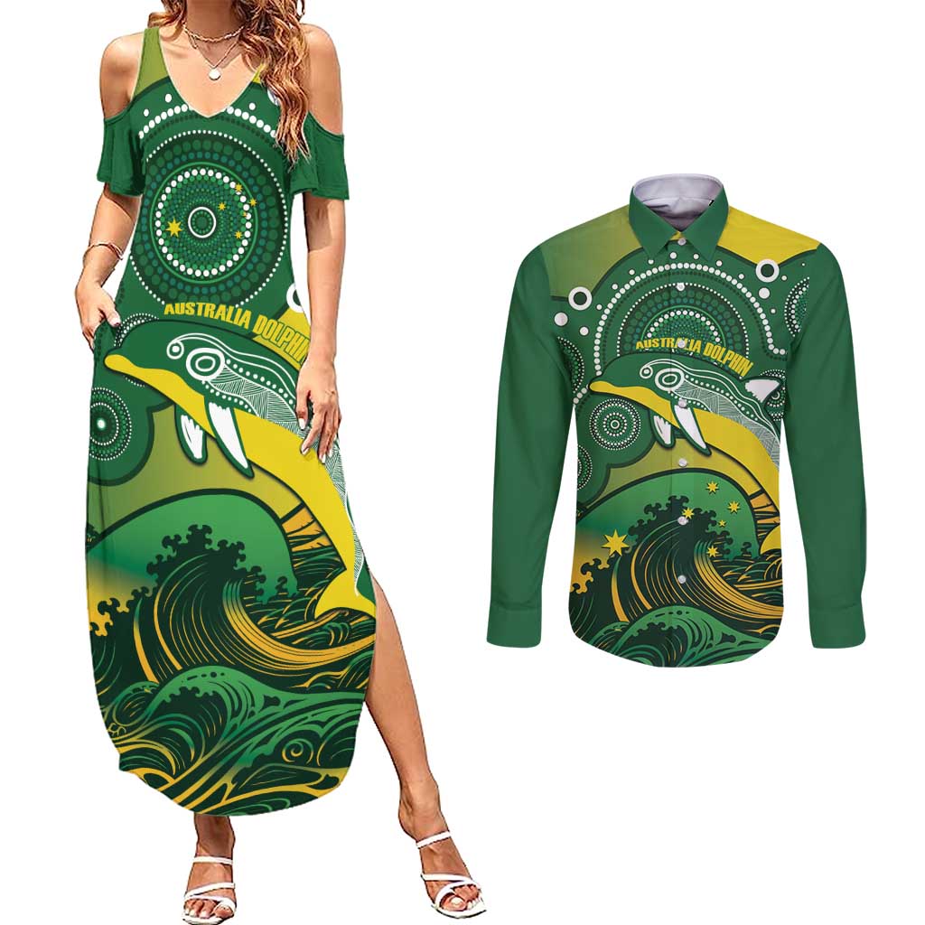 Personalised Australia Swimming Couples Matching Summer Maxi Dress and Long Sleeve Button Shirt Aussie Dolphin Aboriginal National Color