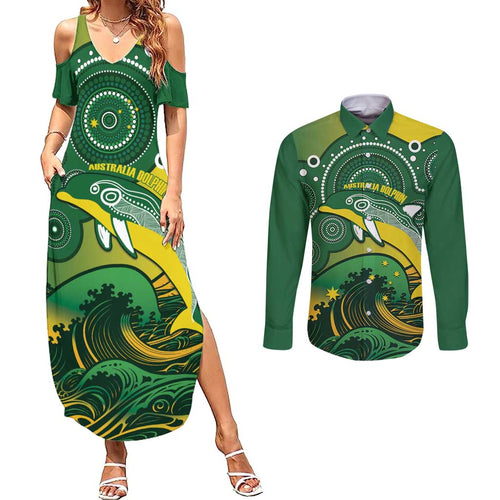 Personalised Australia Swimming Couples Matching Summer Maxi Dress and Long Sleeve Button Shirt Aussie Dolphin Aboriginal National Color