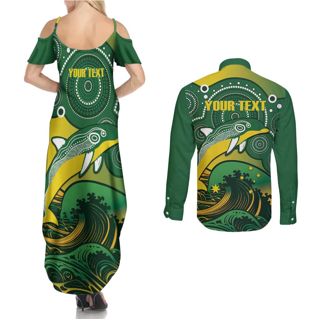 Personalised Australia Swimming Couples Matching Summer Maxi Dress and Long Sleeve Button Shirt Aussie Dolphin Aboriginal National Color