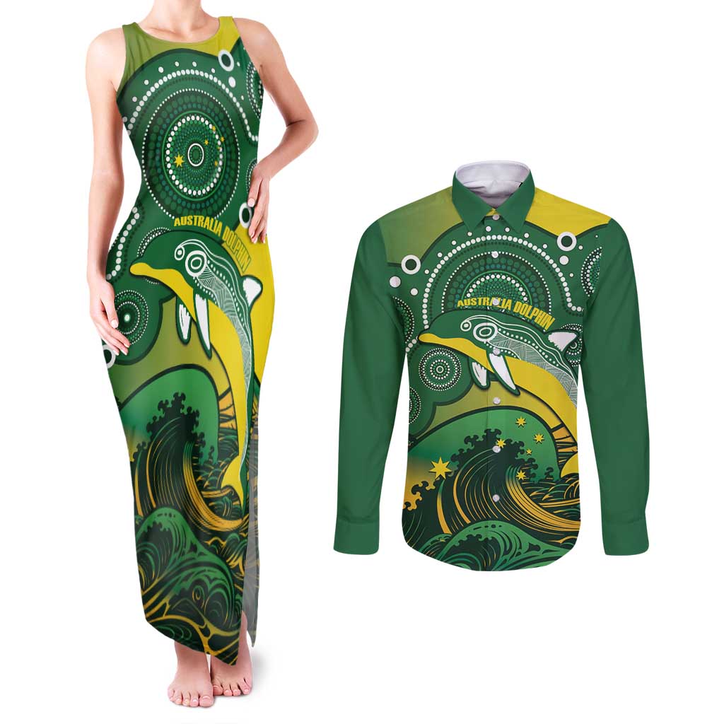 Personalised Australia Swimming Couples Matching Tank Maxi Dress and Long Sleeve Button Shirt Aussie Dolphin Aboriginal National Color