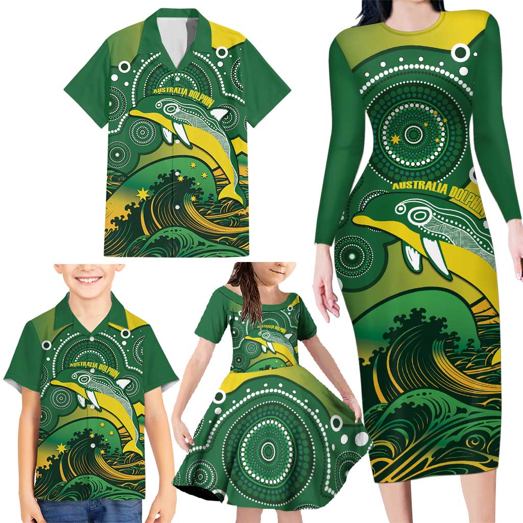 Personalised Australia Swimming Family Matching Long Sleeve Bodycon Dress and Hawaiian Shirt Aussie Dolphin Aboriginal National Color