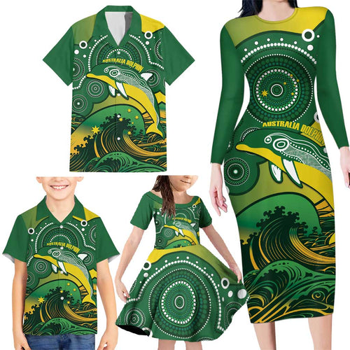Personalised Australia Swimming Family Matching Long Sleeve Bodycon Dress and Hawaiian Shirt Aussie Dolphin Aboriginal National Color