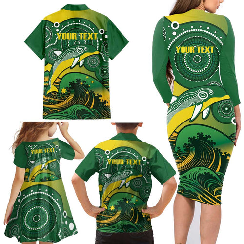 Personalised Australia Swimming Family Matching Long Sleeve Bodycon Dress and Hawaiian Shirt Aussie Dolphin Aboriginal National Color