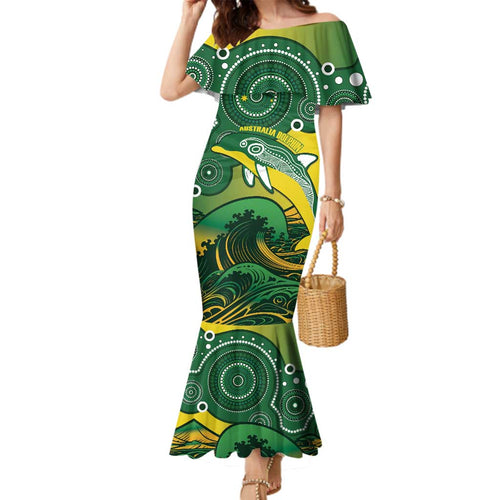 Personalised Australia Swimming Family Matching Mermaid Dress and Hawaiian Shirt Aussie Dolphin Aboriginal National Color