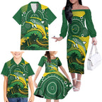 Personalised Australia Swimming Family Matching Off The Shoulder Long Sleeve Dress and Hawaiian Shirt Aussie Dolphin Aboriginal National Color