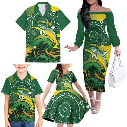 Personalised Australia Swimming Family Matching Off The Shoulder Long Sleeve Dress and Hawaiian Shirt Aussie Dolphin Aboriginal National Color