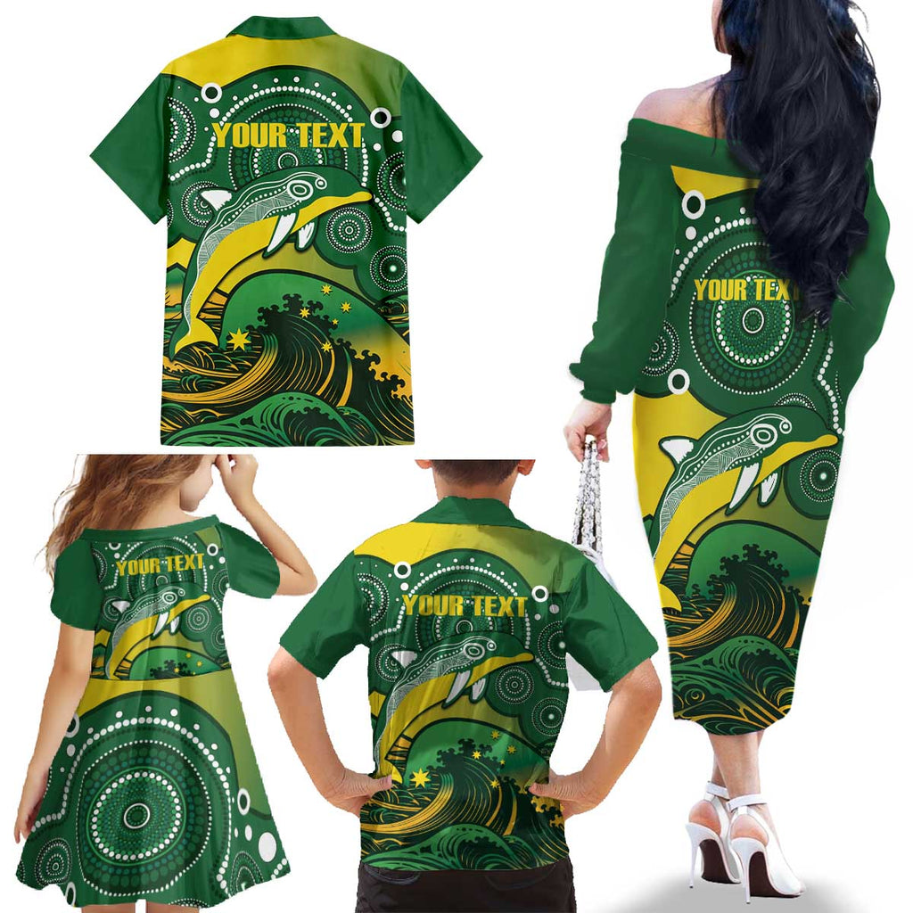 Personalised Australia Swimming Family Matching Off The Shoulder Long Sleeve Dress and Hawaiian Shirt Aussie Dolphin Aboriginal National Color