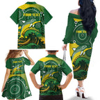 Personalised Australia Swimming Family Matching Off The Shoulder Long Sleeve Dress and Hawaiian Shirt Aussie Dolphin Aboriginal National Color