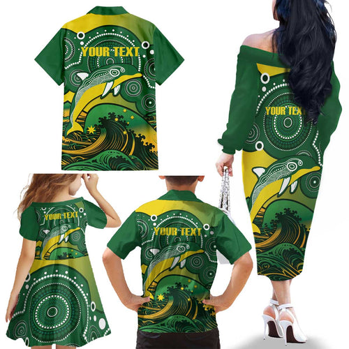 Personalised Australia Swimming Family Matching Off The Shoulder Long Sleeve Dress and Hawaiian Shirt Aussie Dolphin Aboriginal National Color