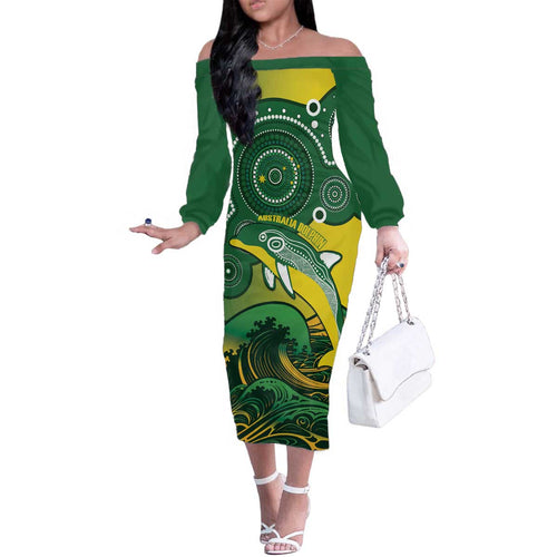 Personalised Australia Swimming Family Matching Off The Shoulder Long Sleeve Dress and Hawaiian Shirt Aussie Dolphin Aboriginal National Color