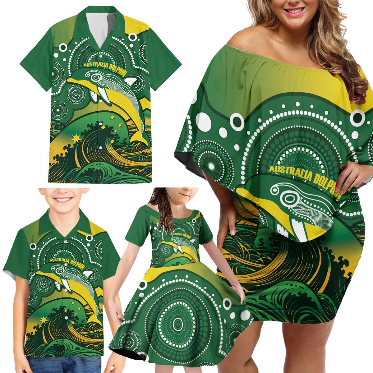 Personalised Australia Swimming Family Matching Off Shoulder Short Dress and Hawaiian Shirt Aussie Dolphin Aboriginal National Color