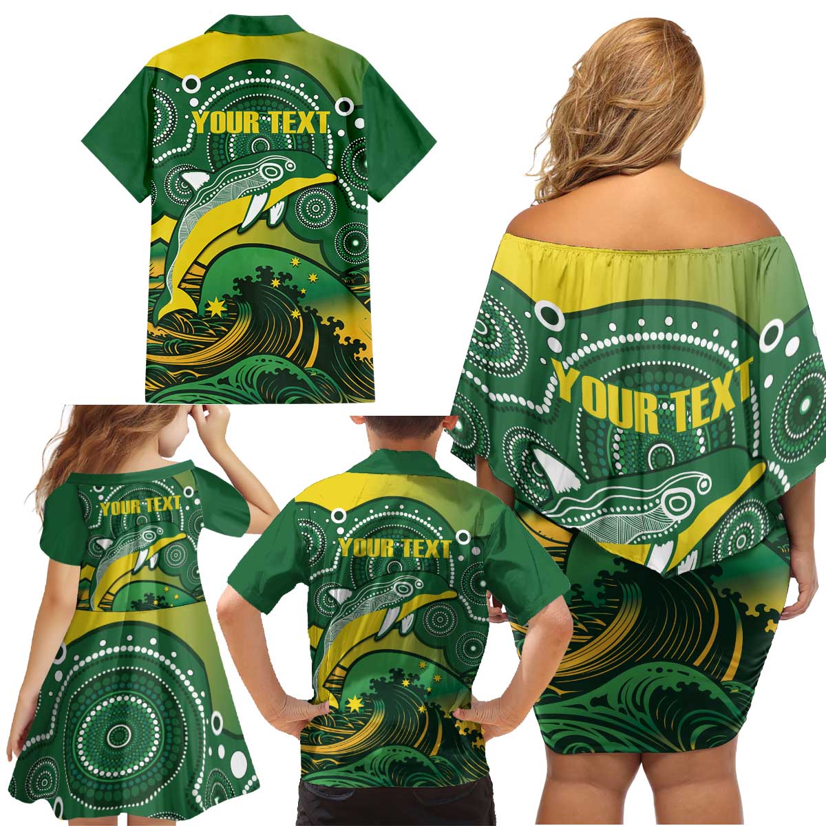 Personalised Australia Swimming Family Matching Off Shoulder Short Dress and Hawaiian Shirt Aussie Dolphin Aboriginal National Color